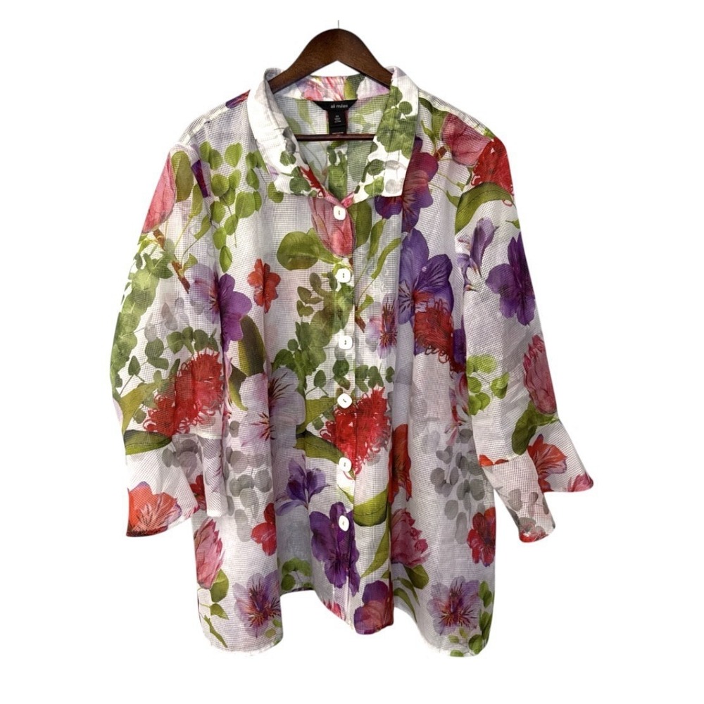 Ali Miles sheer mesh button up blouse women's 3X floral bell sleeve cottagecore